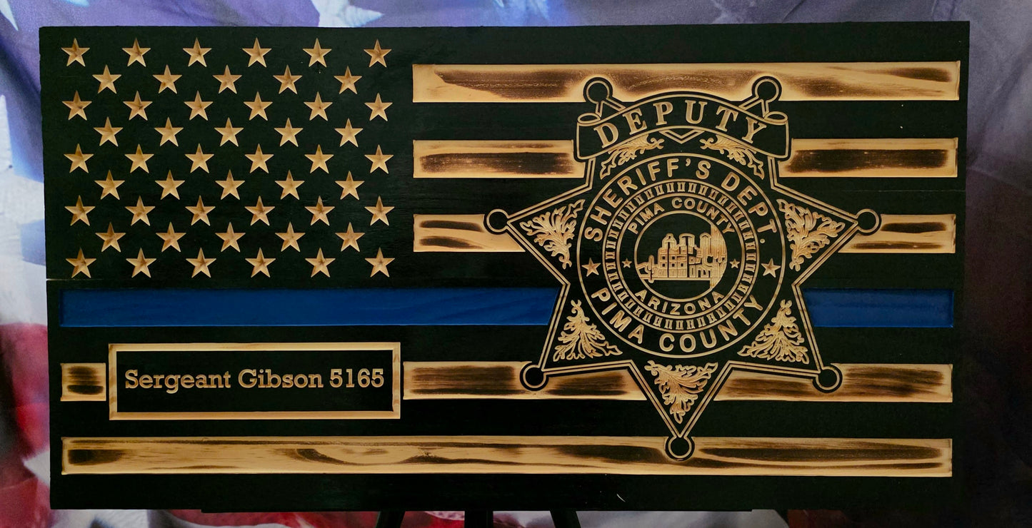 Rustic Thin Blue Line American Flag Wall Art - Police Officer Retirement Gift - Law Enforcement Decor