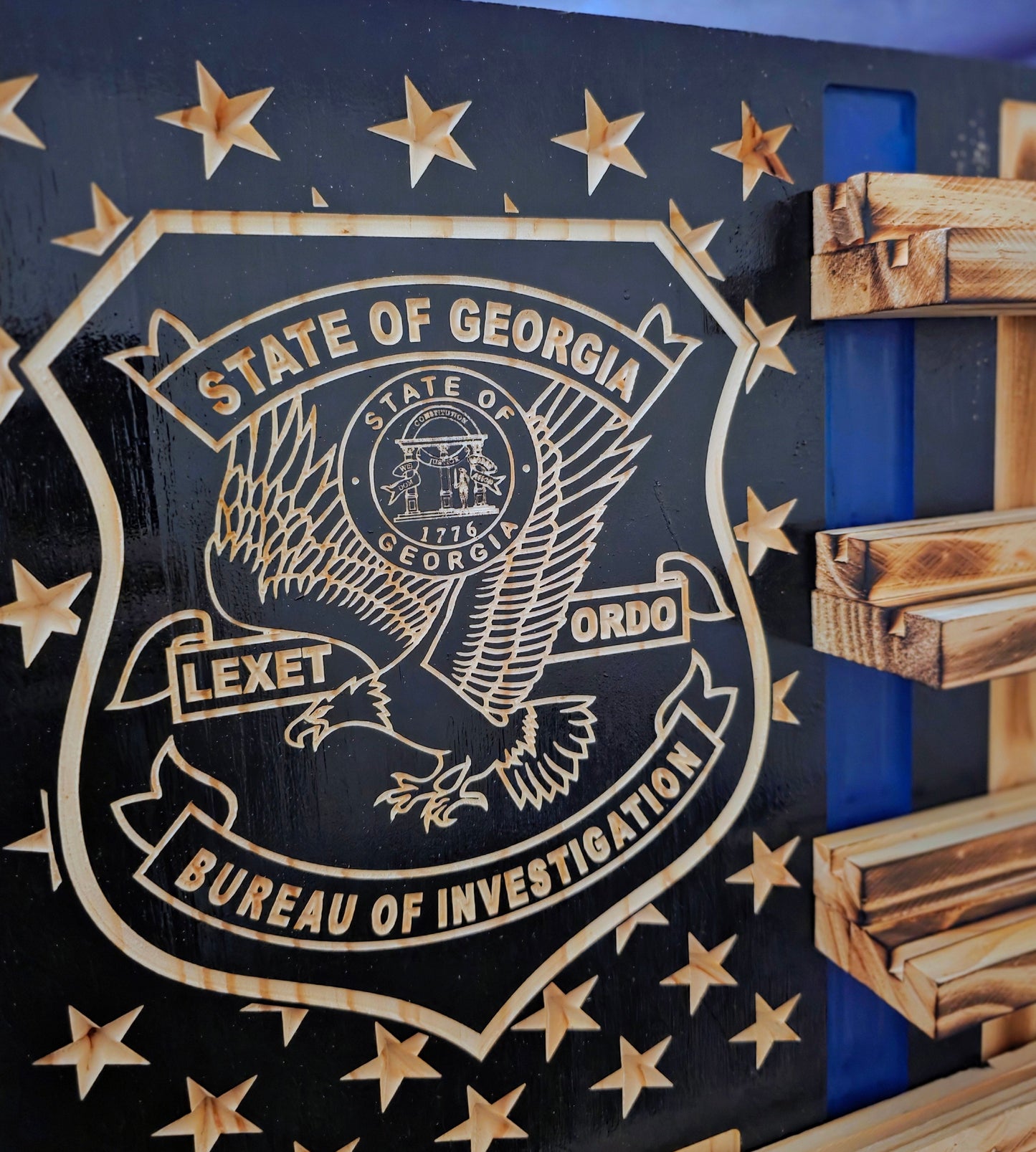 Handcrafted Wooden American Flag Wall Art with Challenge Coin Holder - Patriotic Veteran Gift