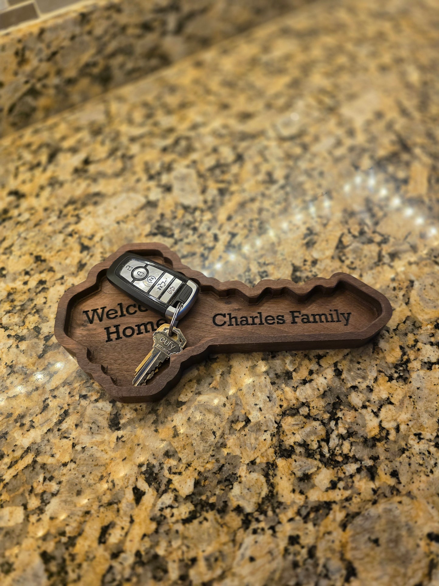 Personalized Wooden Key Tray: Engraved Catchall for Housewarming, Realtor Closing Gift in Walnut, Oak, Cherry