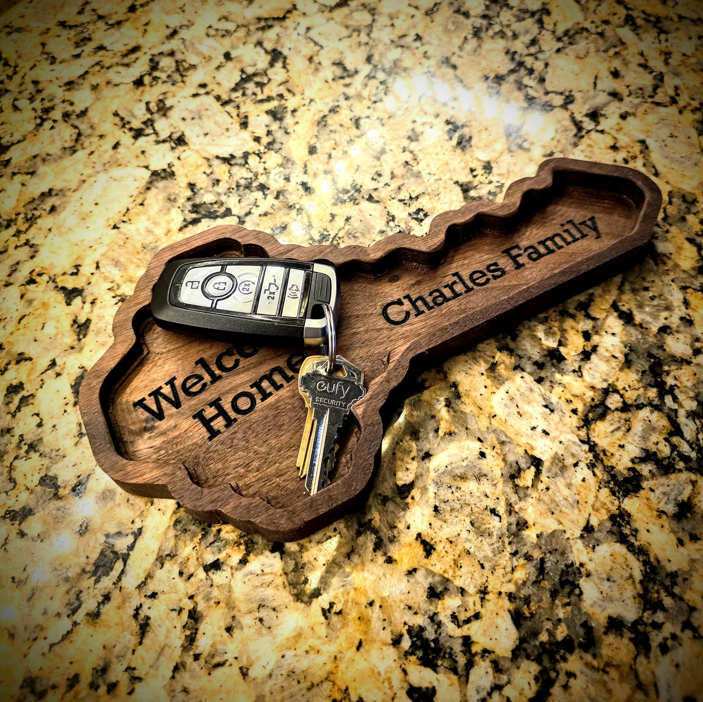 Personalized Wooden Key Tray: Engraved Catchall for Housewarming, Realtor Closing Gift in Walnut, Oak, Cherry