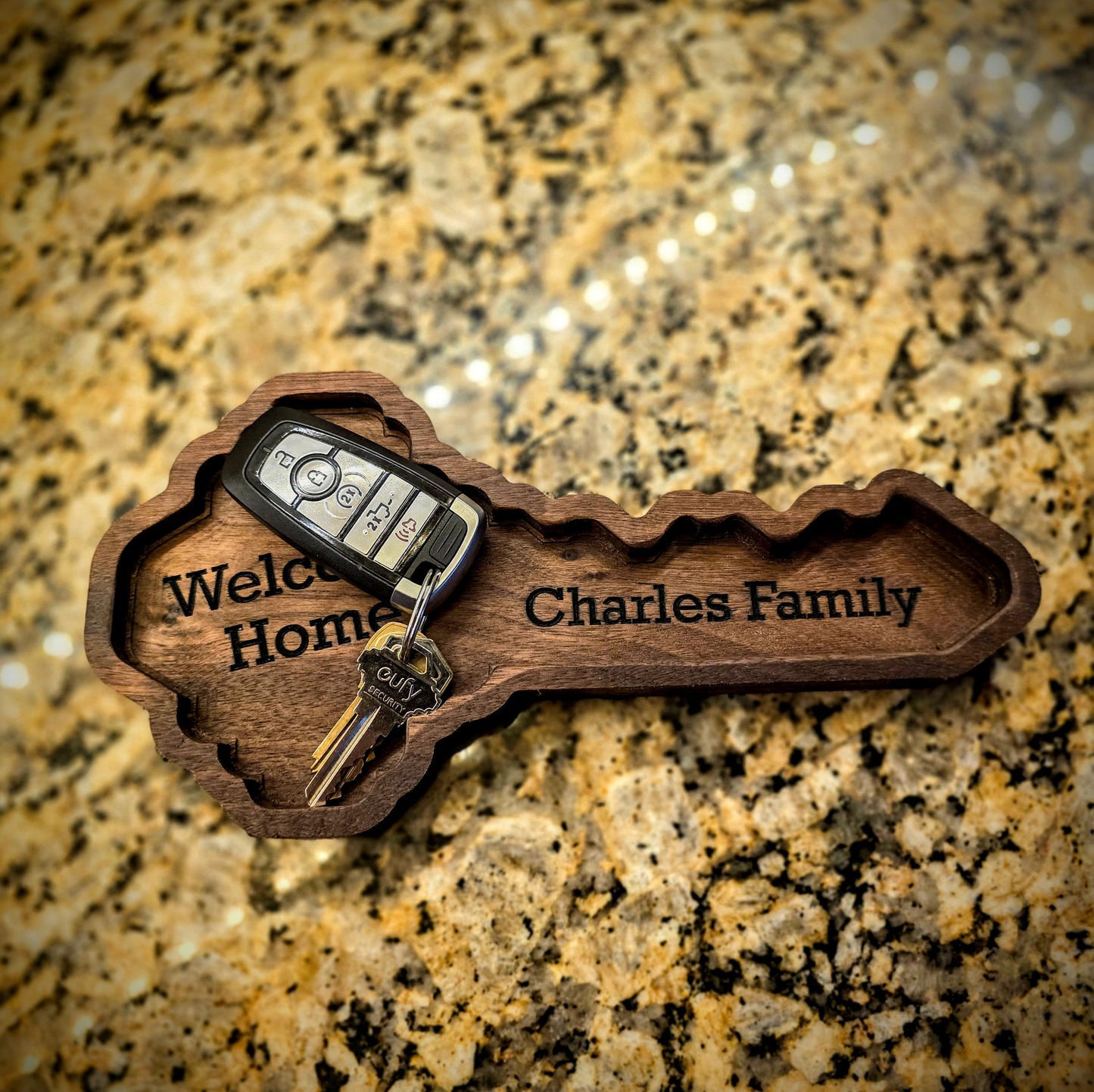 Personalized Wooden Key Tray: Engraved Catchall for Housewarming, Realtor Closing Gift in Walnut, Oak, Cherry
