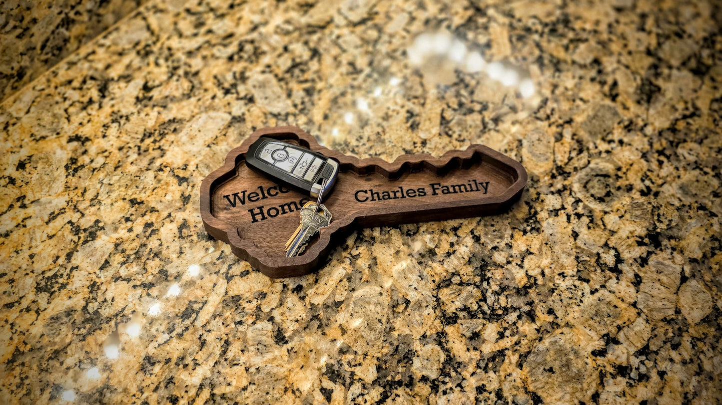 Personalized Wooden Key Tray: Engraved Catchall for Housewarming, Realtor Closing Gift in Walnut, Oak, Cherry