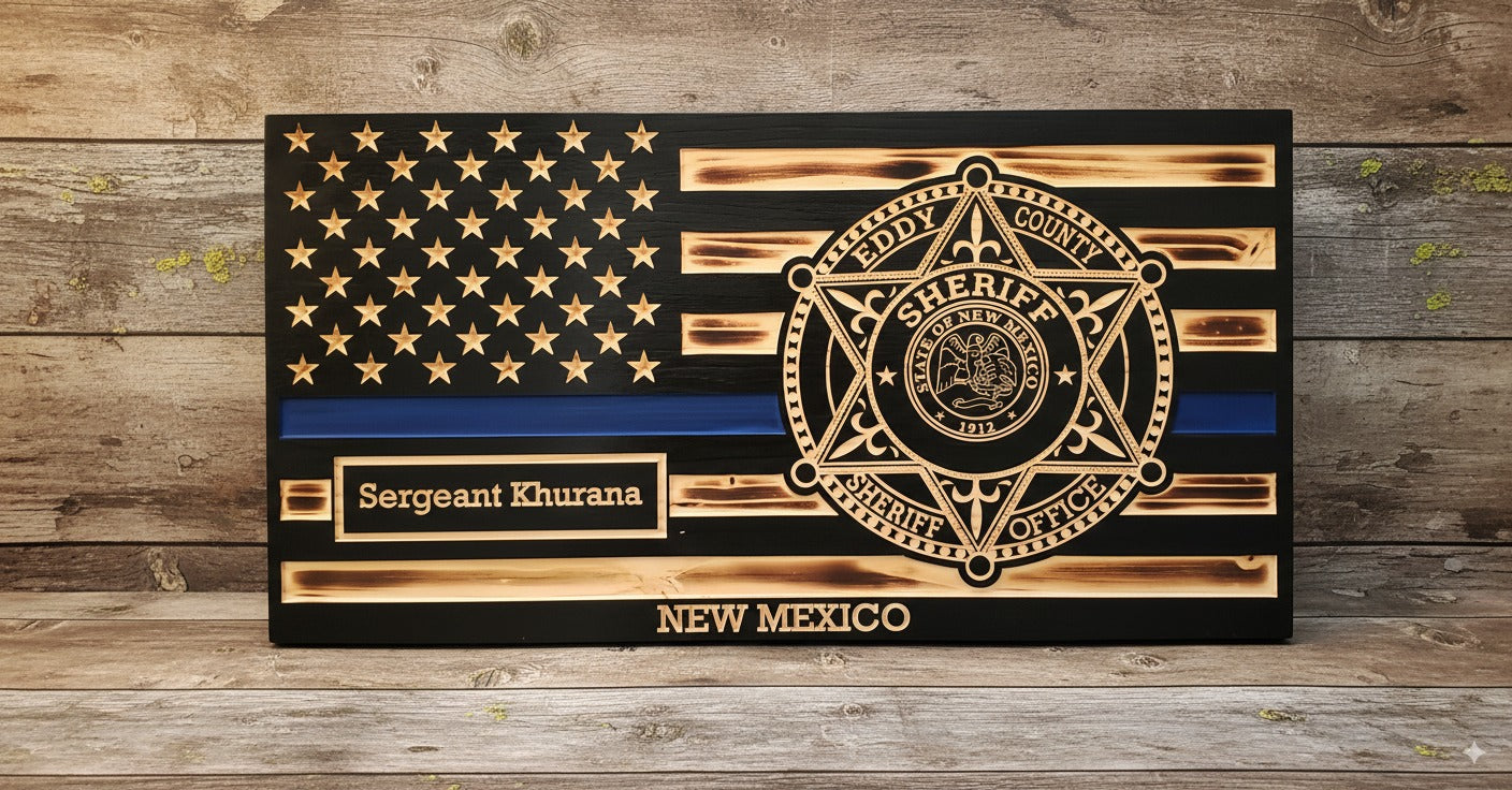 Rustic Thin Blue Line American Flag Wall Art - Police Officer Retirement Gift - Law Enforcement Decor
