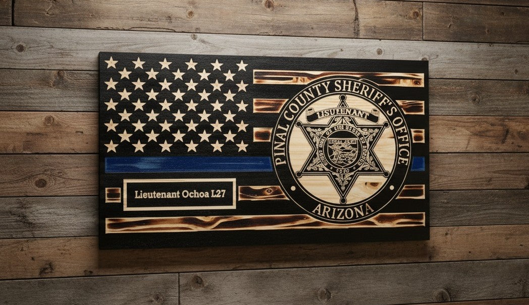 Rustic Thin Blue Line American Flag Wall Art - Police Officer Retirement Gift - Law Enforcement Decor
