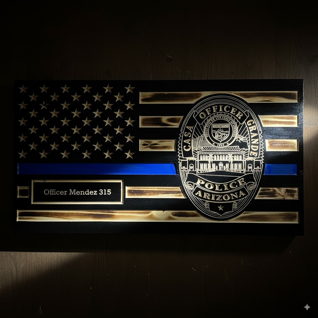 Rustic Thin Blue Line American Flag Wall Art - Police Officer Retirement Gift - Law Enforcement Decor