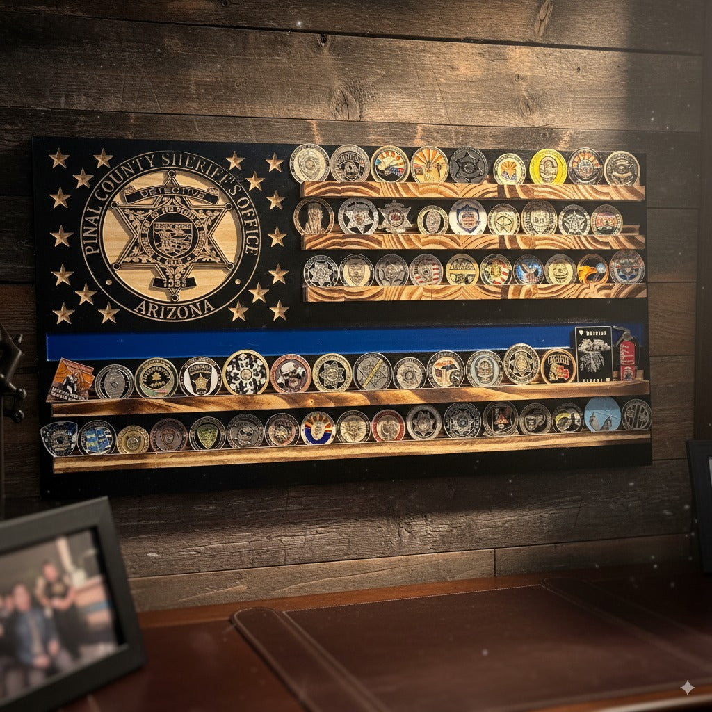 Handcrafted Wooden American Flag Wall Art with Challenge Coin Holder - Patriotic Veteran Gift
