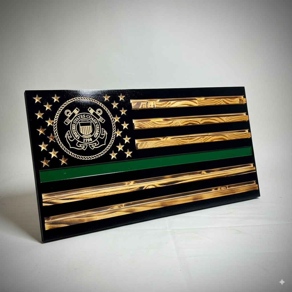 Handcrafted Wooden American Flag Wall Art with Challenge Coin Holder - Patriotic Veteran Gift