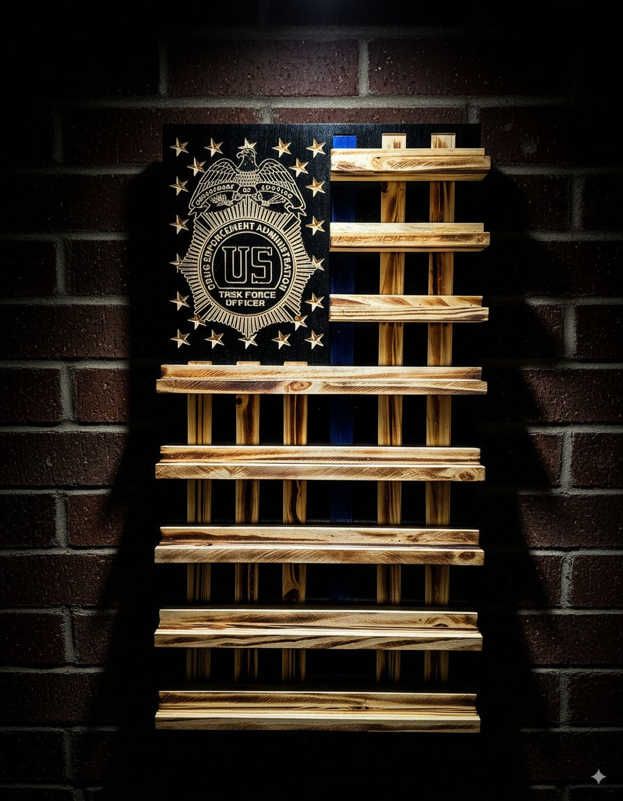Rustic Wooden Double Challenge Coin Display Rack - First Responder Retirement Gift for Man Cave