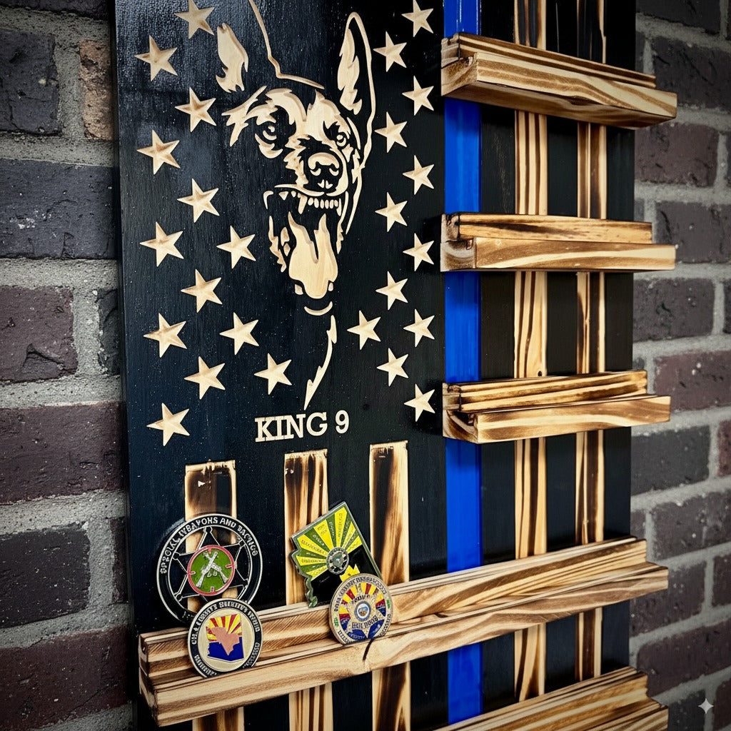 Rustic Wooden Double Challenge Coin Display Rack - First Responder Retirement Gift for Man Cave