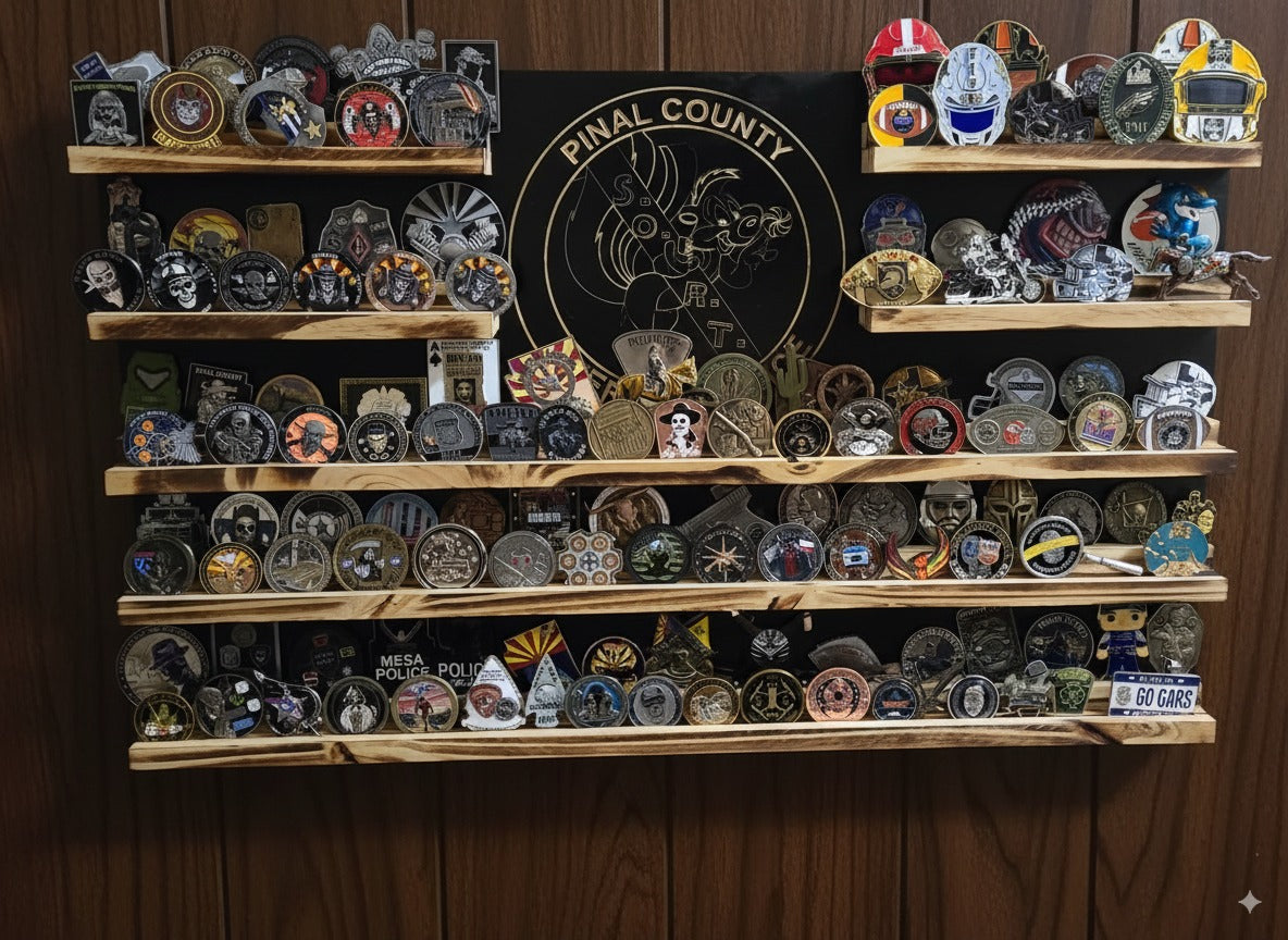Extra Large Rustic Wooden Double Challenge Coin Display Rack: First Responder Retirement Gift for Man Cave