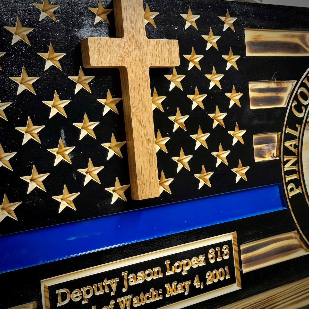 Large Custom Blue Line Wooden Flag