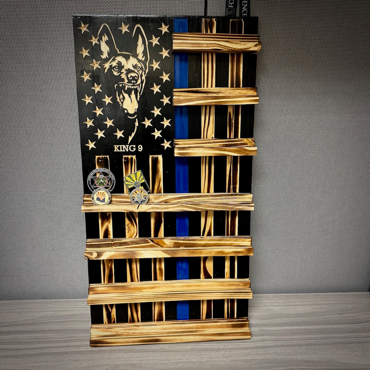 Rustic Wooden Double Challenge Coin Display Rack - First Responder Retirement Gift for Man Cave