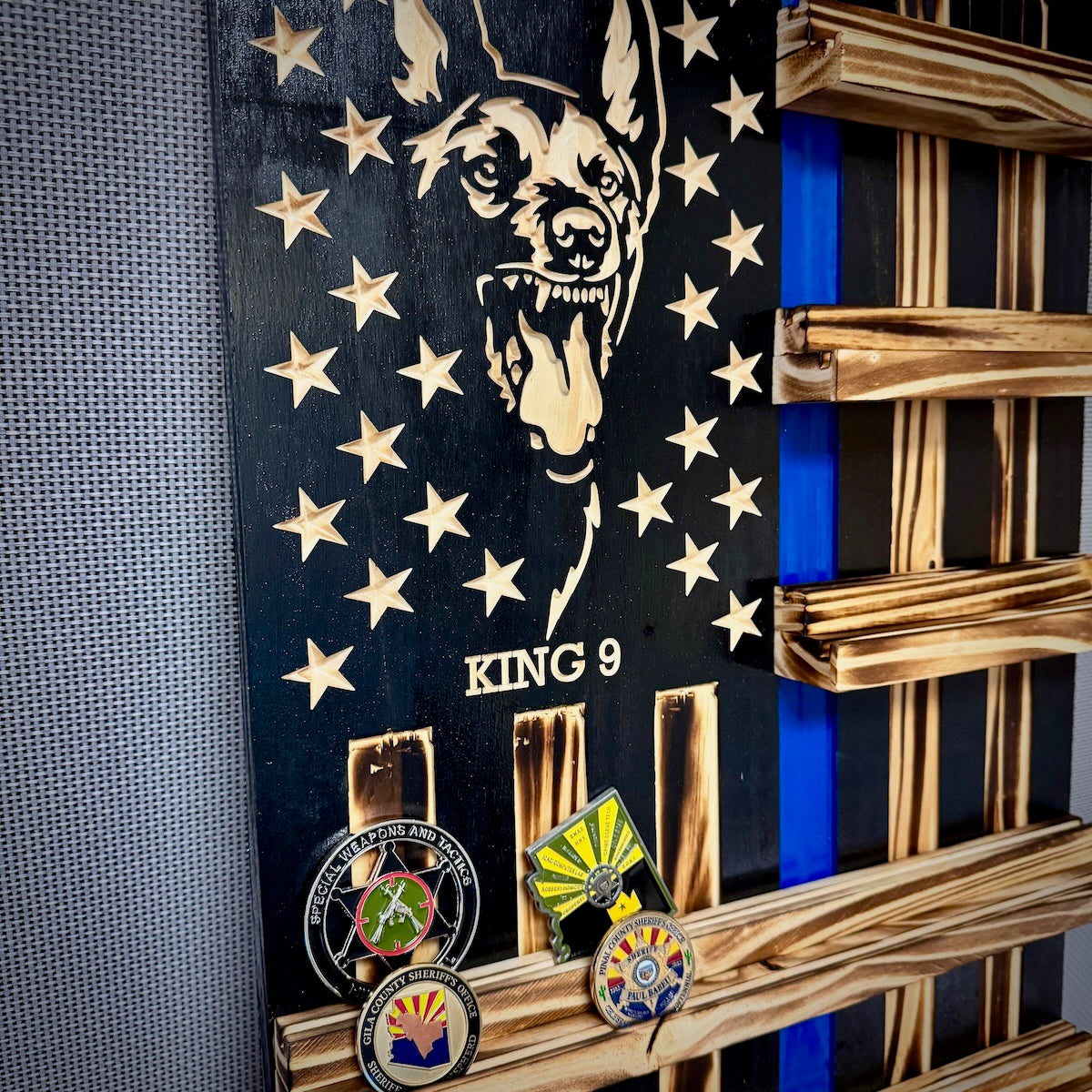 Rustic Wooden Double Challenge Coin Display Rack - First Responder Retirement Gift for Man Cave