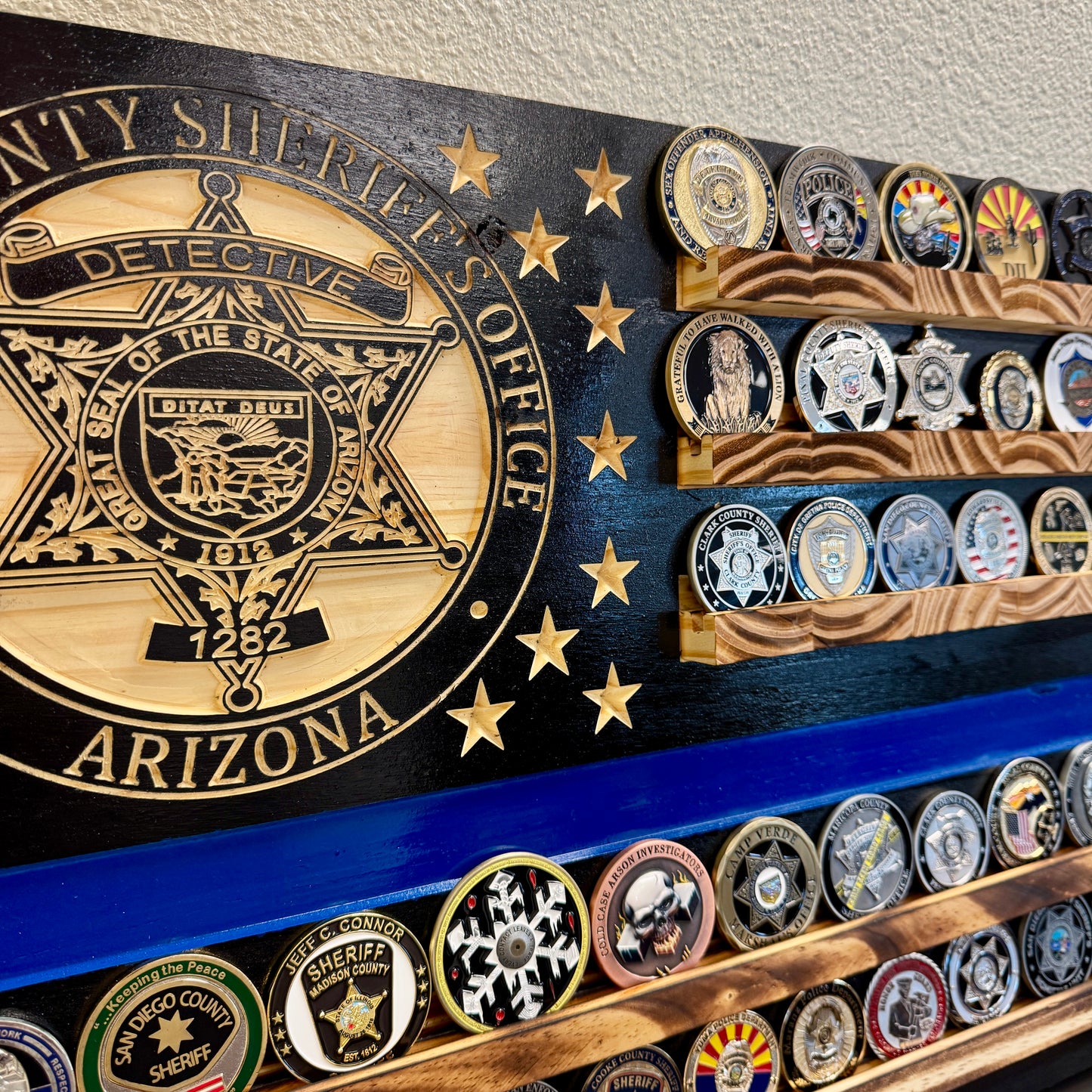 Handcrafted Wooden American Flag Wall Art with Challenge Coin Holder - Patriotic Veteran Gift