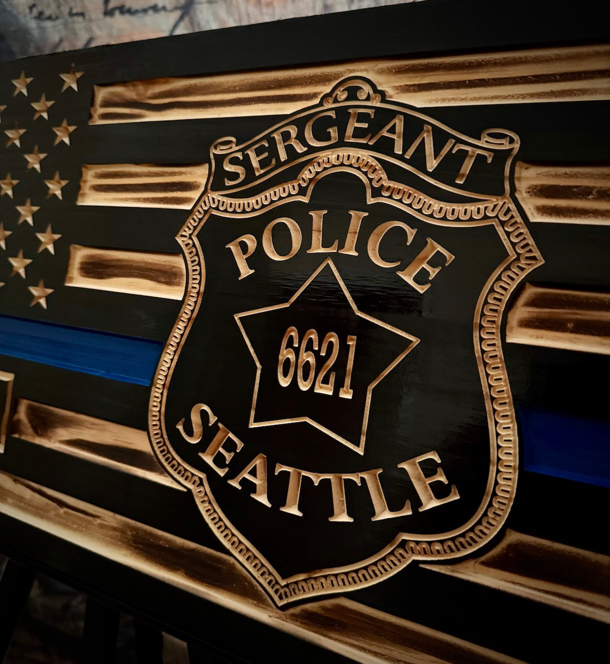 Large Custom Blue Line Wooden Flag