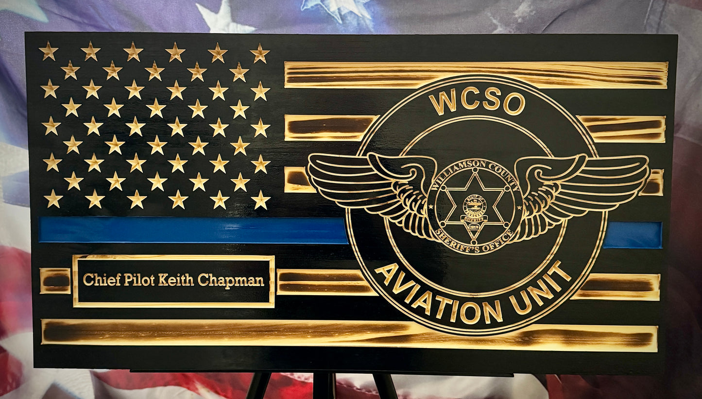 Rustic Thin Blue Line American Flag Wall Art - Police Officer Retirement Gift - Law Enforcement Decor