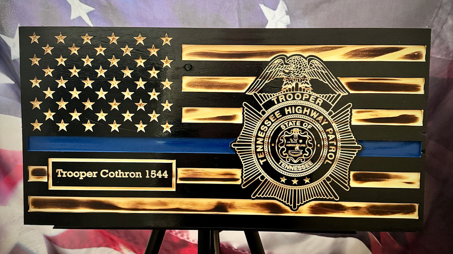 Rustic Thin Blue Line American Flag Wall Art - Police Officer Retirement Gift - Law Enforcement Decor