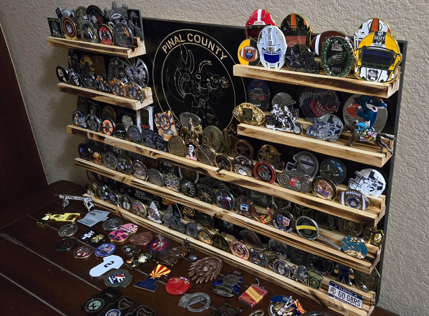 Extra Large Rustic Wooden Double Challenge Coin Display Rack: First Responder Retirement Gift for Man Cave