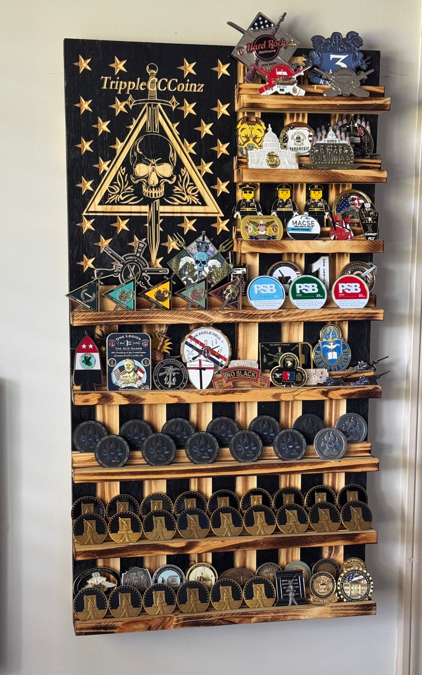 Rustic Wooden Double Challenge Coin Display Rack - First Responder Retirement Gift for Man Cave