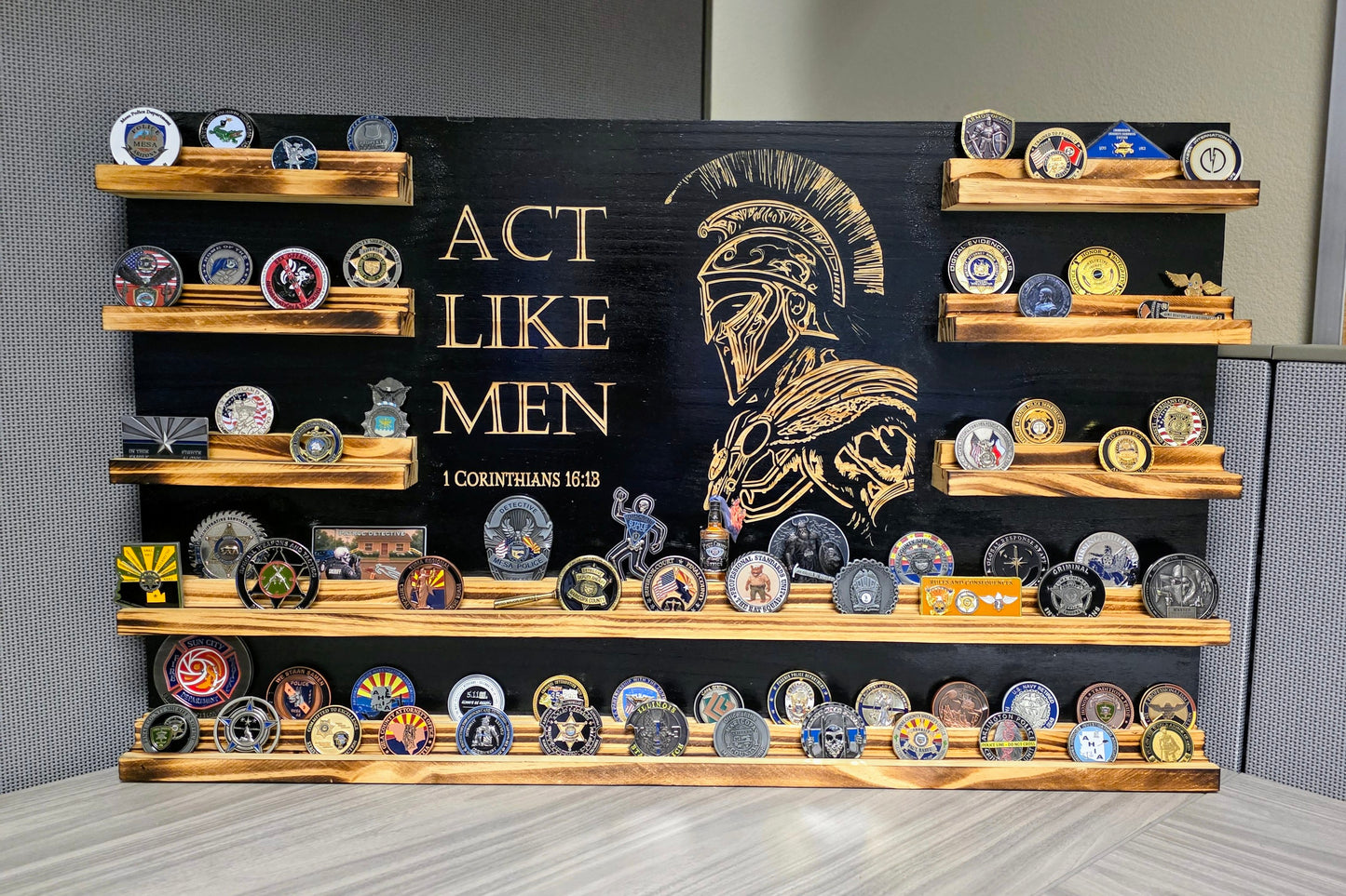 Extra Large Rustic Wooden Double Challenge Coin Display Rack: First Responder Retirement Gift for Man Cave