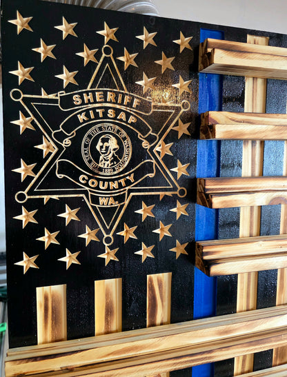 Rustic Wooden Double Challenge Coin Display Rack - First Responder Retirement Gift for Man Cave