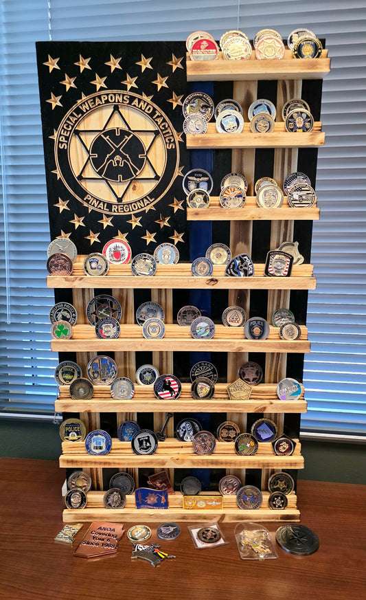 Rustic Wooden Double Challenge Coin Display Rack - First Responder Retirement Gift for Man Cave
