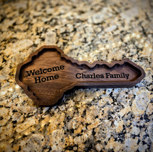 Personalized Wooden Key Tray: Engraved Catchall for Housewarming, Realtor Closing Gift in Walnut, Oak, Cherry