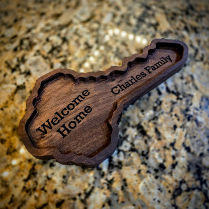 Personalized Wooden Key Tray: Engraved Catchall for Housewarming, Realtor Closing Gift in Walnut, Oak, Cherry