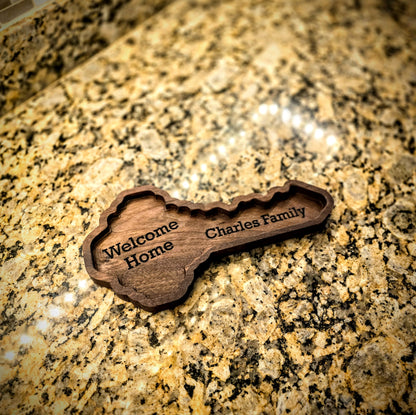 Personalized Wooden Key Tray: Engraved Catchall for Housewarming, Realtor Closing Gift in Walnut, Oak, Cherry