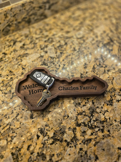 Personalized Wooden Key Tray: Engraved Catchall for Housewarming, Realtor Closing Gift in Walnut, Oak, Cherry