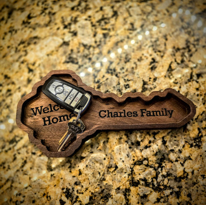 Personalized Wooden Key Tray: Engraved Catchall for Housewarming, Realtor Closing Gift in Walnut, Oak, Cherry
