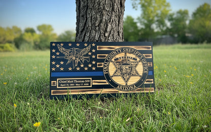 Rustic Thin Blue Line American Flag Wall Art - Police Officer Retirement Gift - Law Enforcement Decor