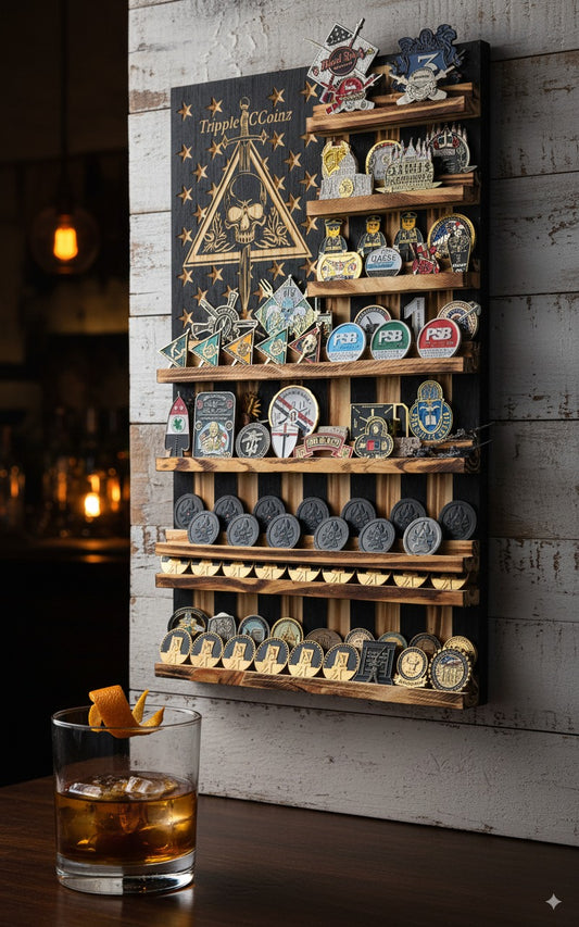 Rustic Wooden Double Challenge Coin Display Rack - First Responder Retirement Gift for Man Cave