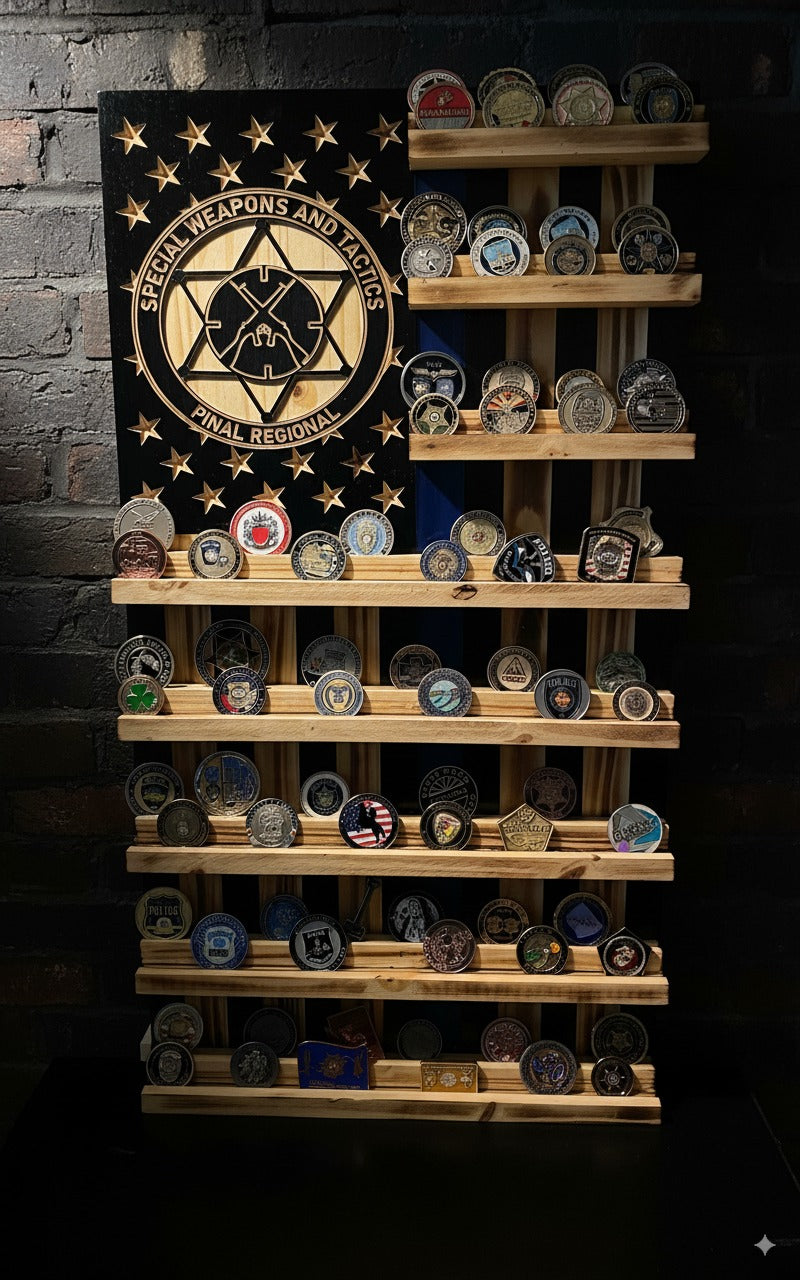 Rustic Wooden Double Challenge Coin Display Rack - First Responder Retirement Gift for Man Cave
