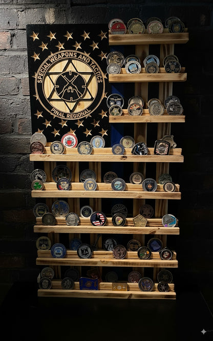 Rustic Wooden Double Challenge Coin Display Rack - First Responder Retirement Gift for Man Cave