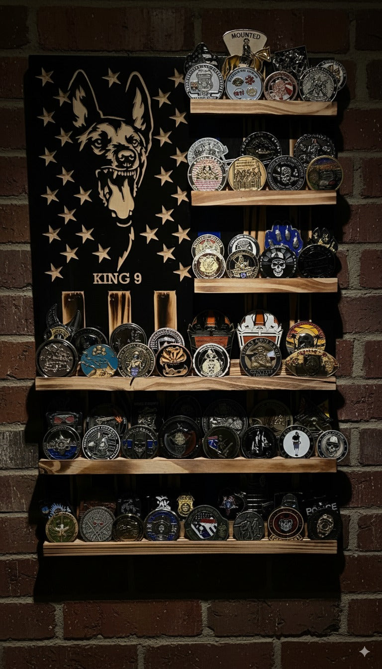 Rustic Wooden Double Challenge Coin Display Rack - First Responder Retirement Gift for Man Cave