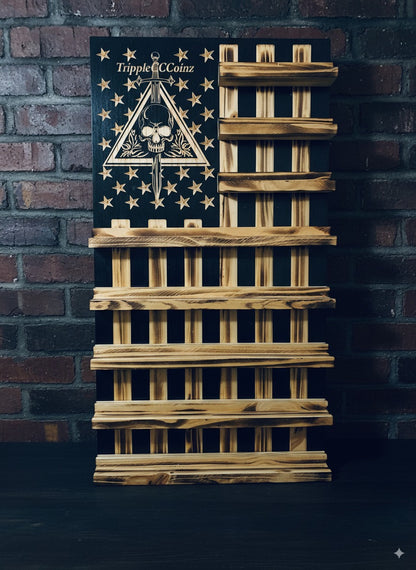 Rustic Wooden Double Challenge Coin Display Rack - First Responder Retirement Gift for Man Cave