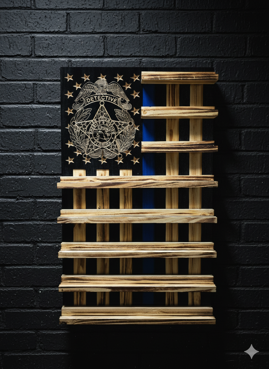 Rustic Wooden Triple Challenge Coin Display Rack - First Responder Retirement Gift for Man Cave Decor