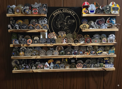 Extra Large Rustic Wooden Double Challenge Coin Display Rack: First Responder Retirement Gift for Man Cave