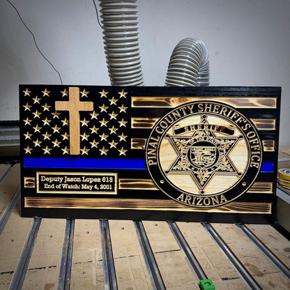 Large Custom Blue Line Wooden Flag