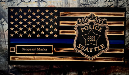 Rustic Thin Blue Line American Flag Wall Art - Police Officer Retirement Gift - Law Enforcement Decor