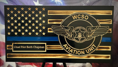 Rustic Thin Blue Line American Flag Wall Art - Police Officer Retirement Gift - Law Enforcement Decor
