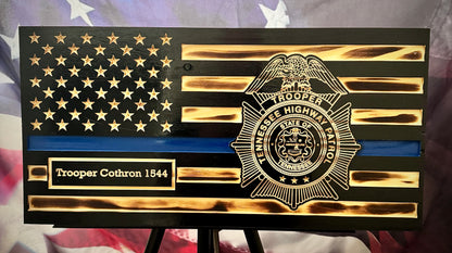 Rustic Thin Blue Line American Flag Wall Art - Police Officer Retirement Gift - Law Enforcement Decor