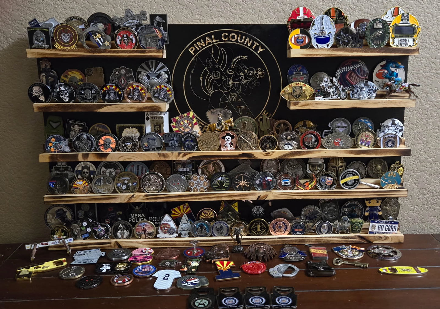 Extra Large Rustic Wooden Double Challenge Coin Display Rack: First Responder Retirement Gift for Man Cave