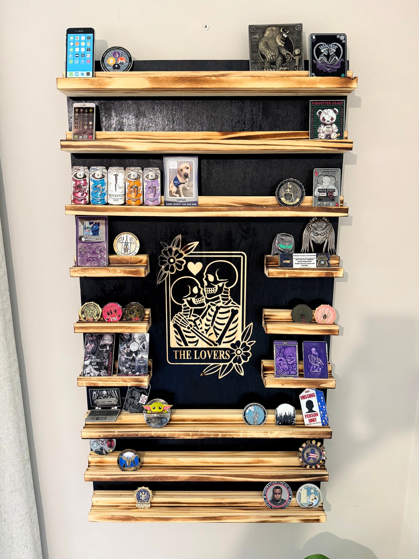 Rustic Wooden Triple Challenge Coin Display Rack - First Responder Retirement Gift for Man Cave Decor