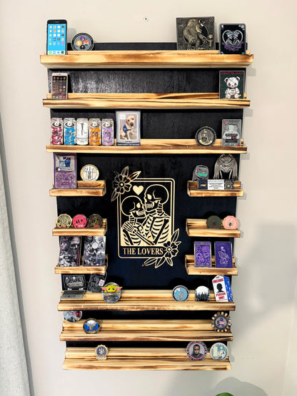 Rustic Wooden Triple Challenge Coin Display Rack - First Responder Retirement Gift for Man Cave Decor