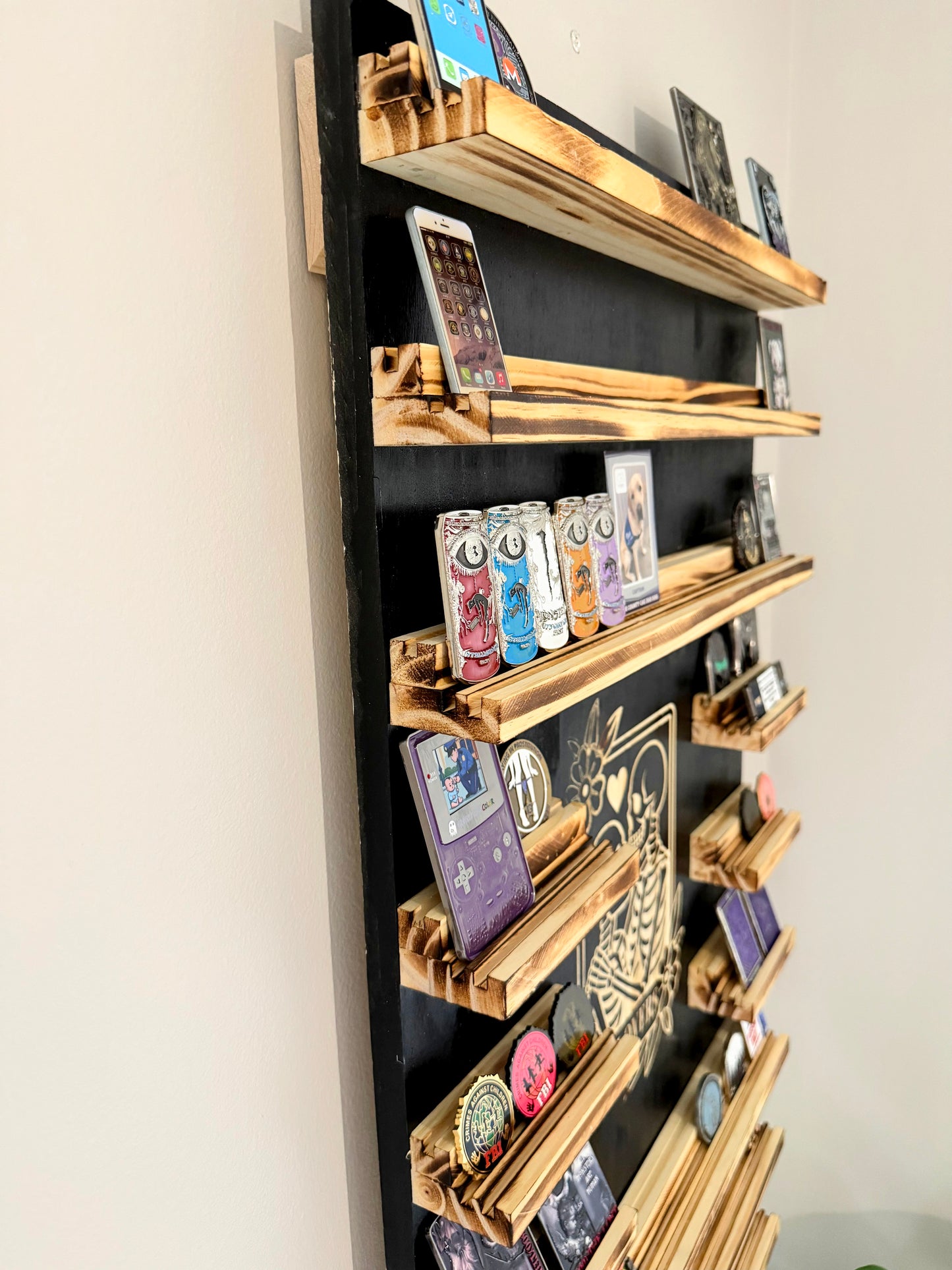 Rustic Wooden Triple Challenge Coin Display Rack - First Responder Retirement Gift for Man Cave Decor