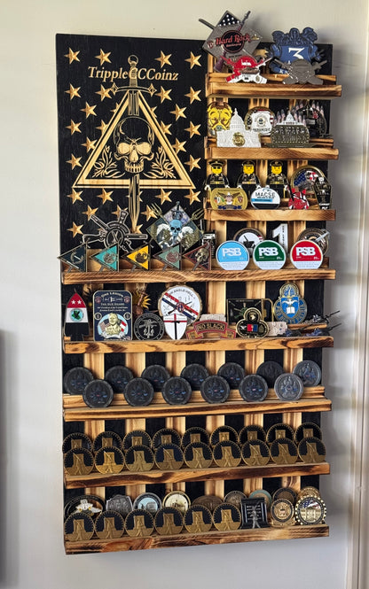 Rustic Wooden Double Challenge Coin Display Rack - First Responder Retirement Gift for Man Cave