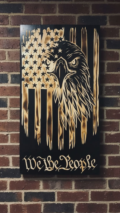 Handcrafted Patriotic American Flag & Eagle Wall Art - Rustic Wood Decor for Home, Office, or Veteran Gift