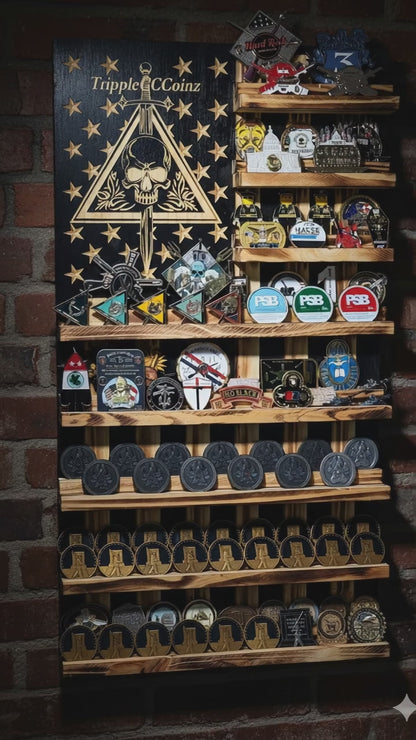 Rustic Wooden Triple Challenge Coin Display Rack - First Responder Retirement Gift for Man Cave Decor
